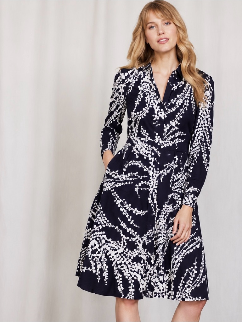 Boden Navy Abstract Dot Print Shirt Dress Stretch Cotton Fit & Flare Us 2/Uk 6